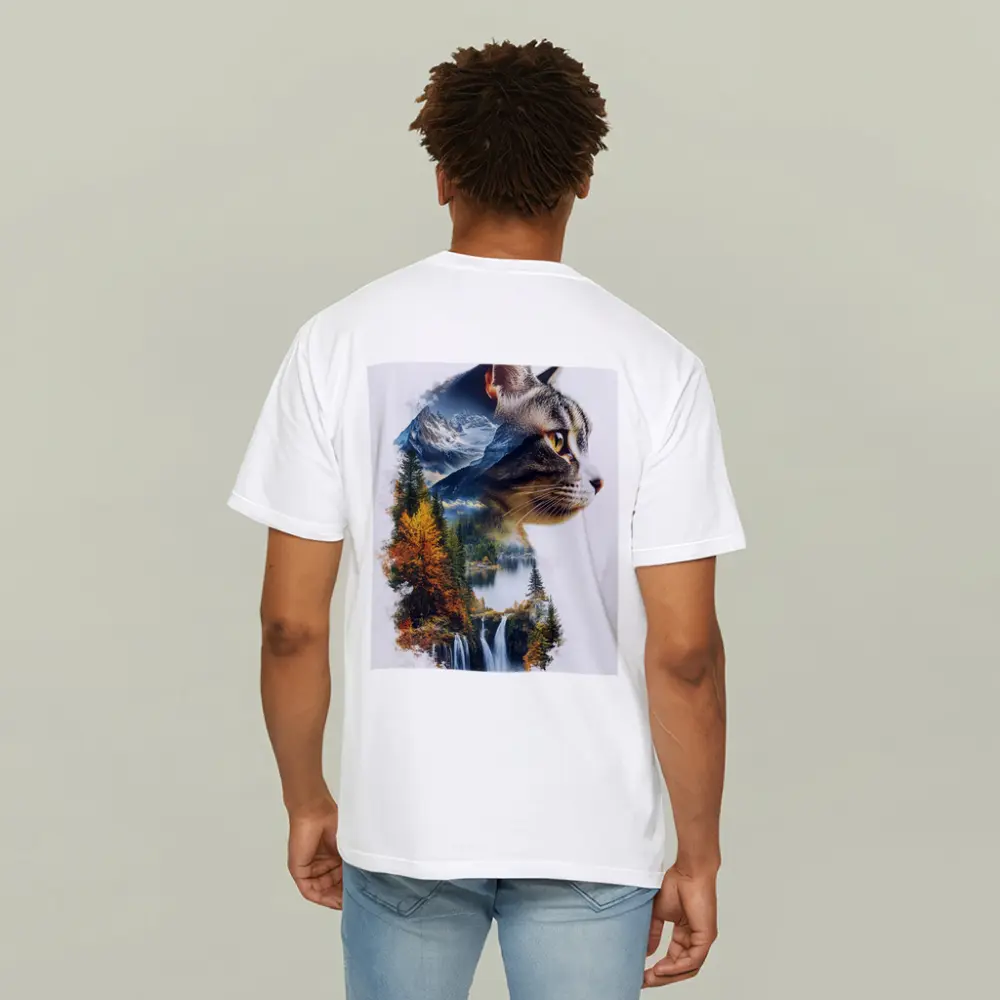 Tabby Cat Double Exposure Nature Waterfall – T-Shirts