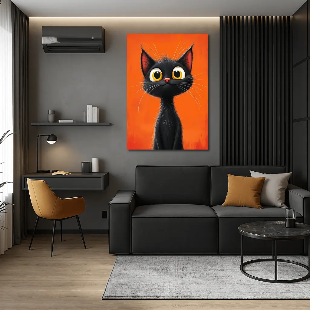 Cartoon Black Cat Orange Background Art – Wall Art