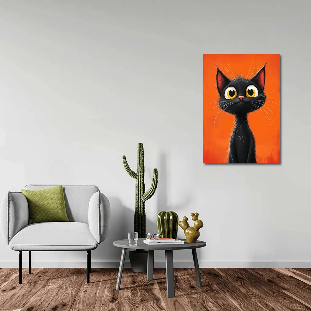 Cartoon Black Cat Orange Background Art – Wall Art