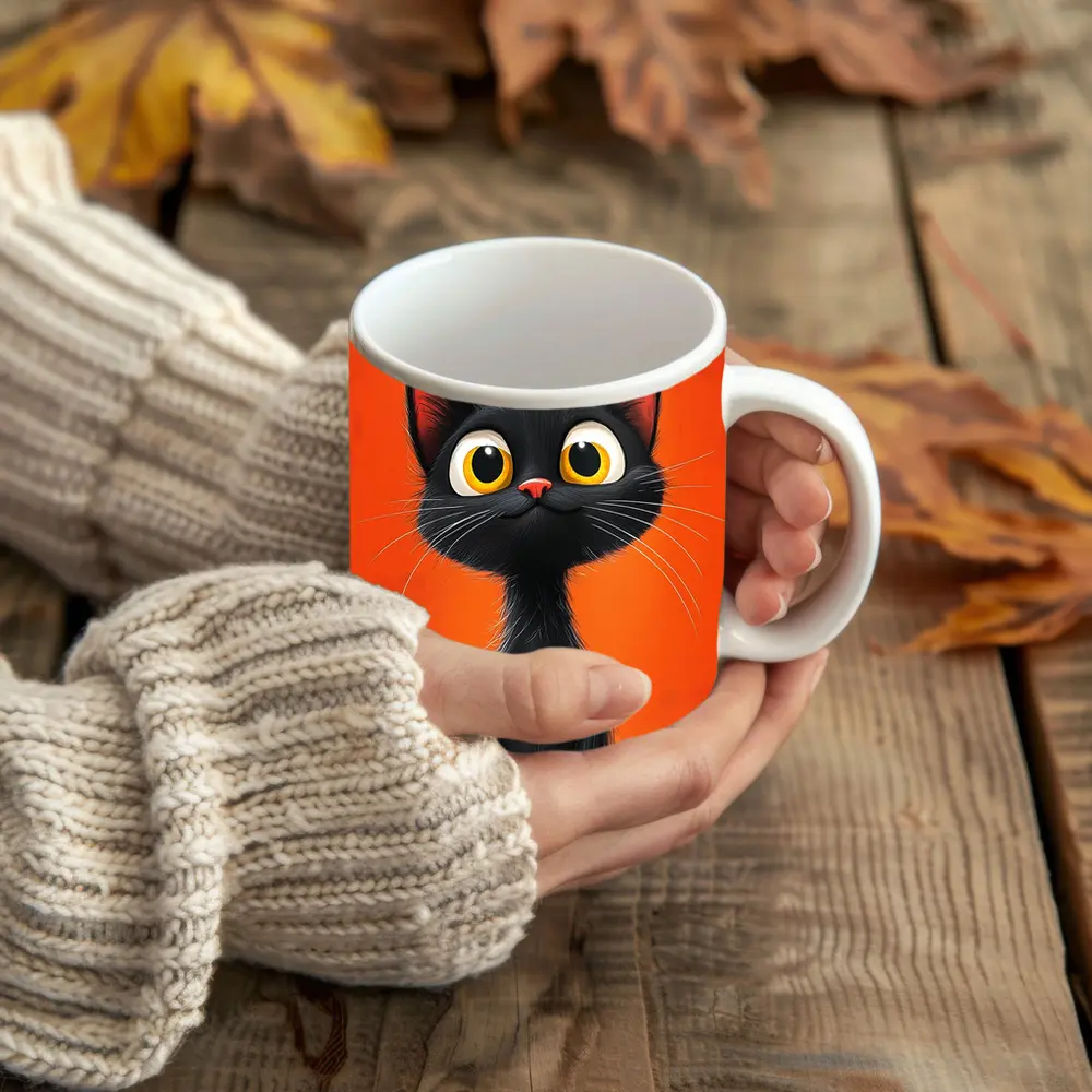 Cartoon Black Cat Orange Background Art – Mugs