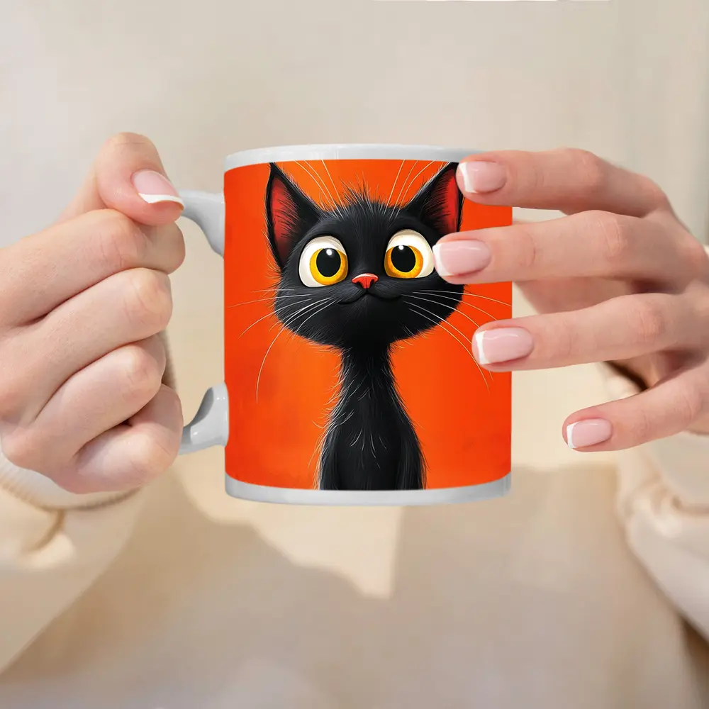 Cartoon Black Cat Orange Background Art – Mugs