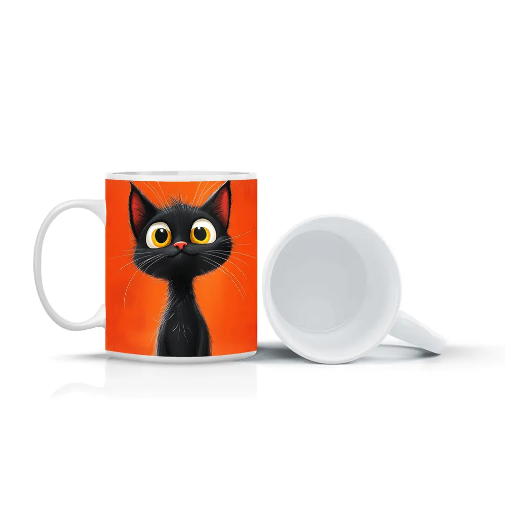 Cartoon Black Cat Orange Background Art – Mugs