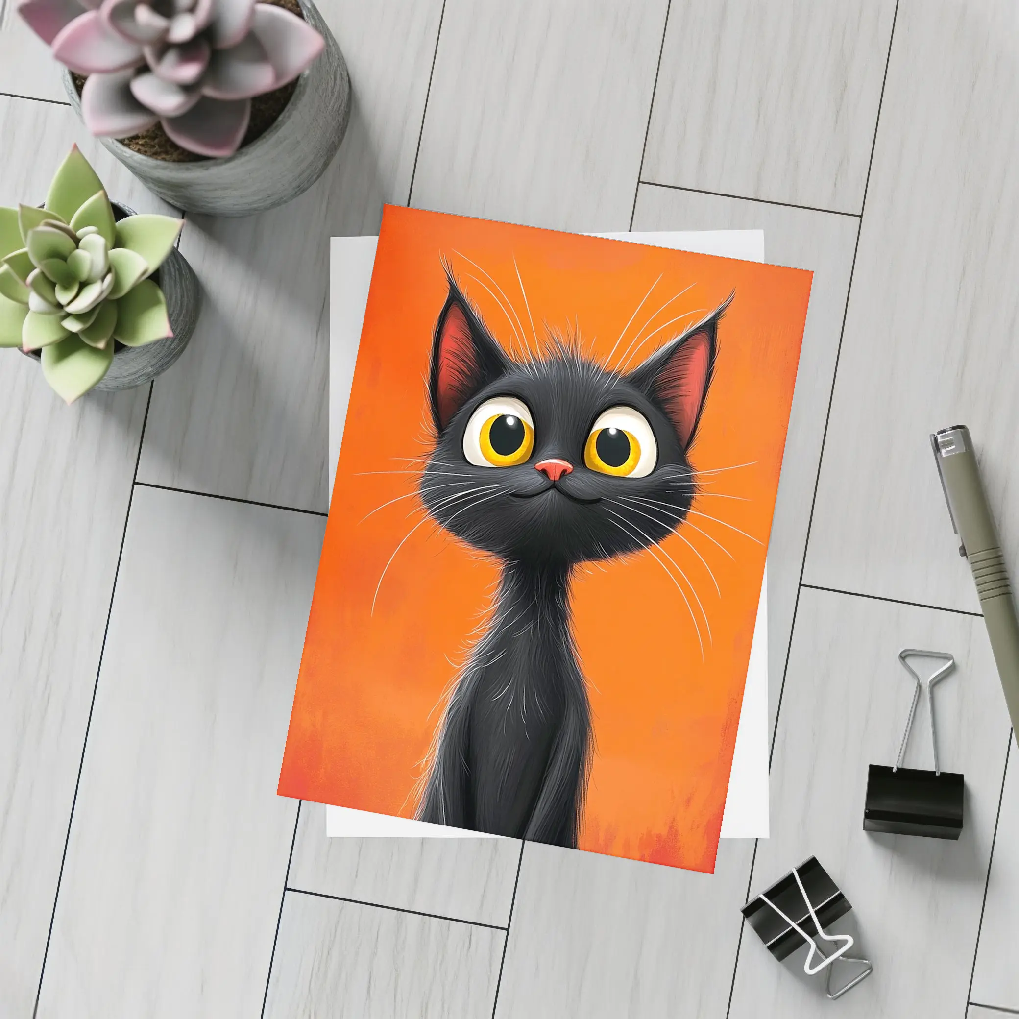Cartoon Black Cat Orange Background Art – Postcards