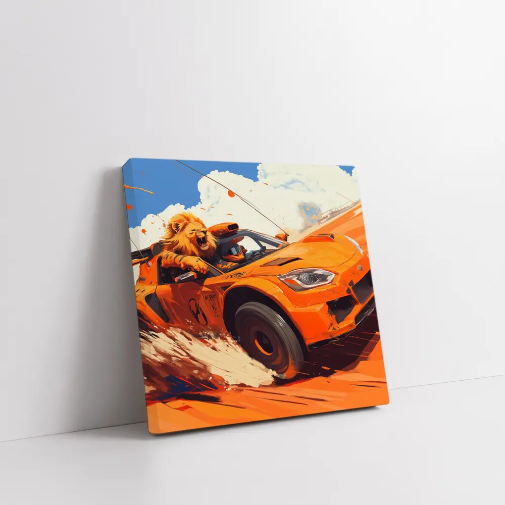 Lion Driving Orange Sports Car Racing – Wall Art