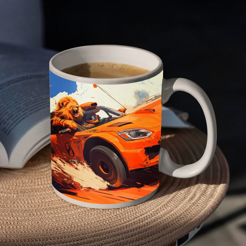 Lion Driving Orange Sports Car Racing – Mugs