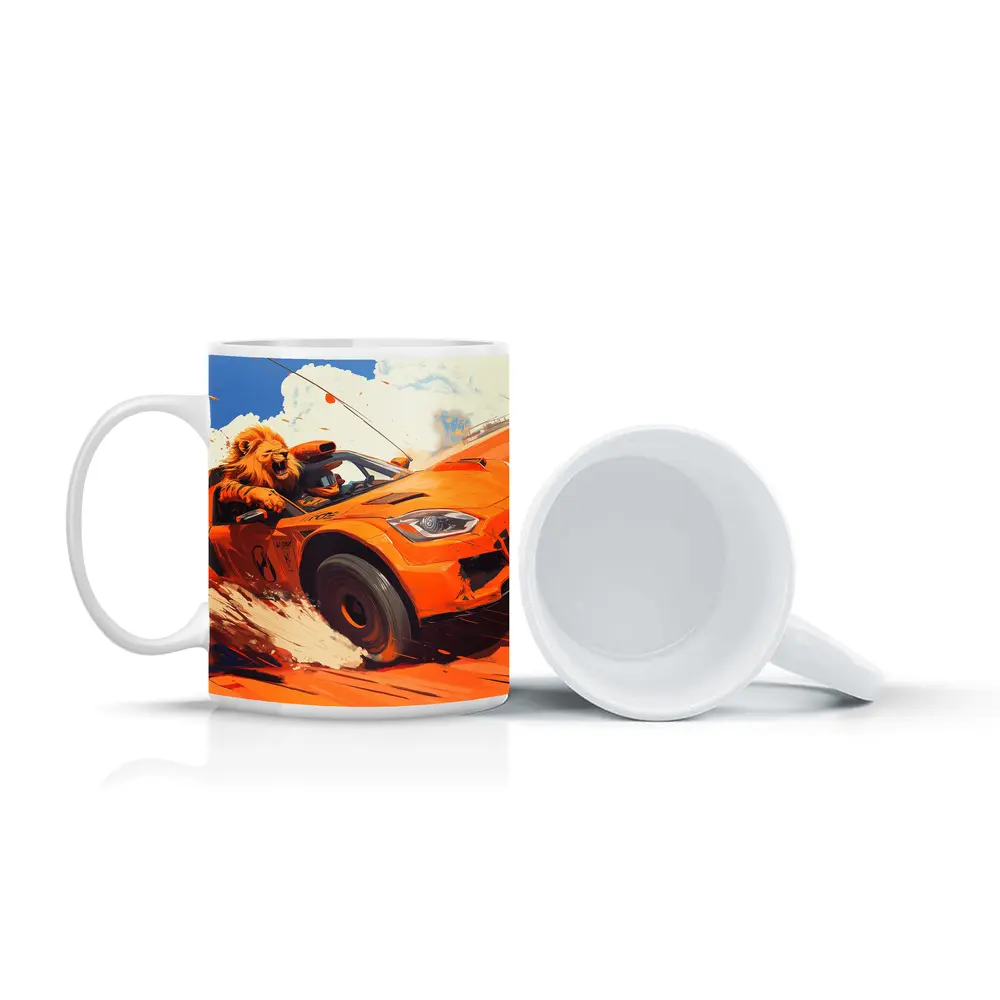 Lion Driving Orange Sports Car Racing – Mugs