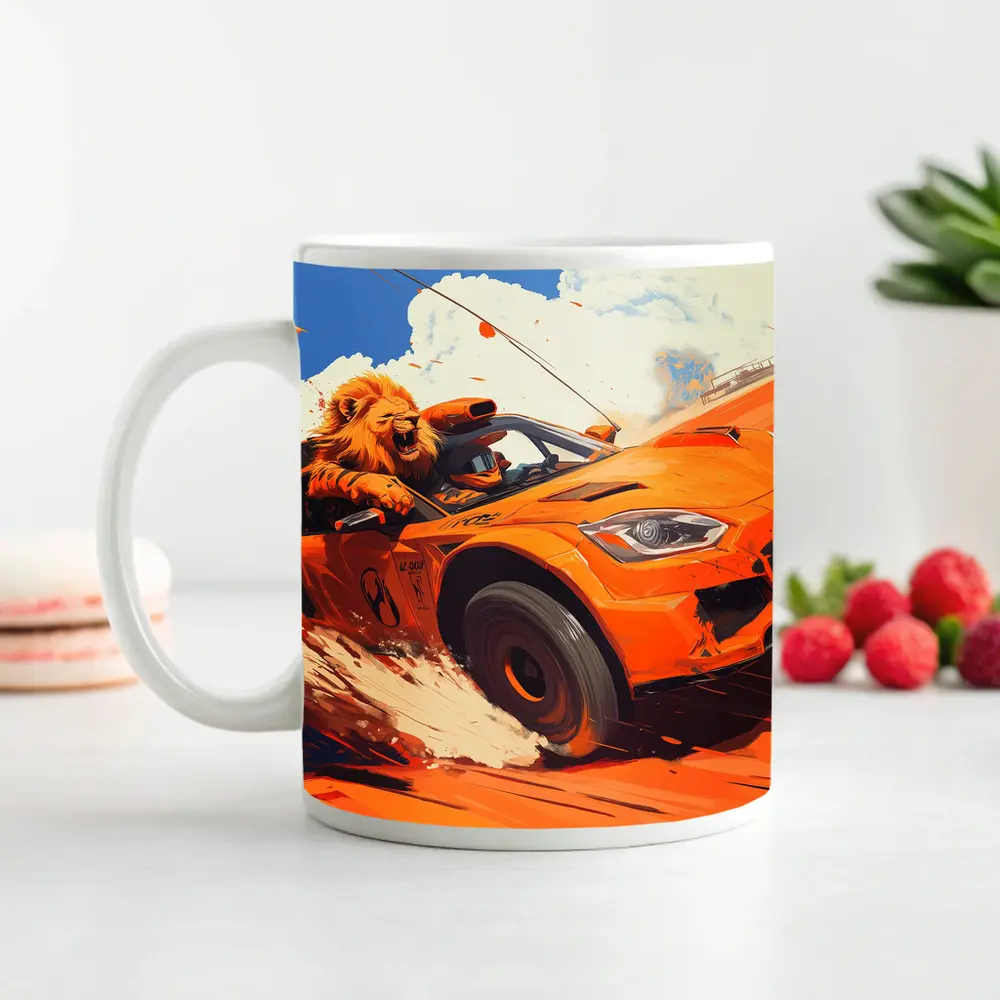 Lion Driving Orange Sports Car Racing – Mugs