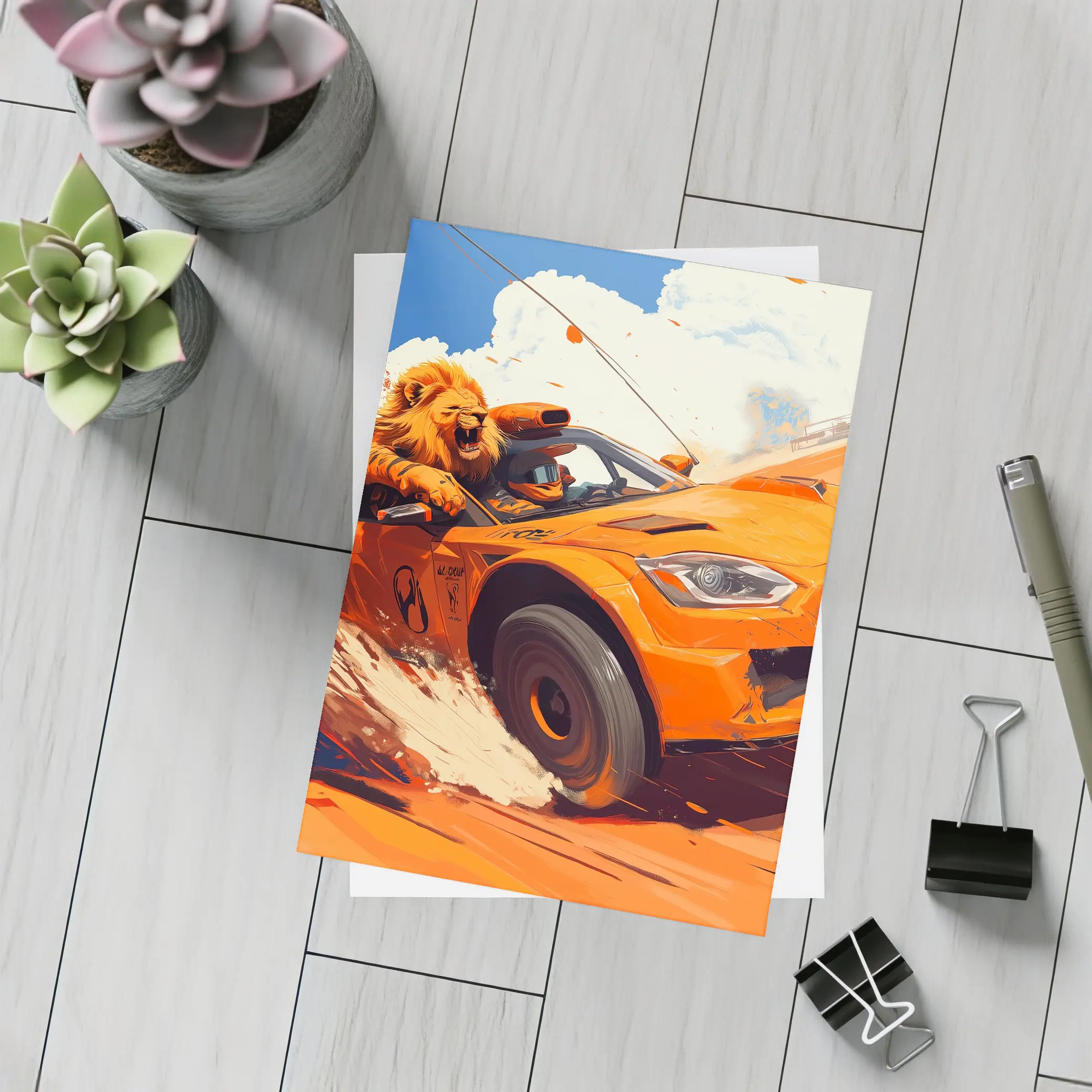 Lion Driving Orange Sports Car Racing – Postcards
