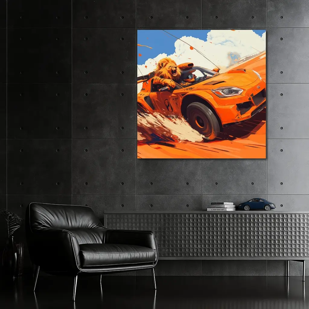 Lion Driving Orange Sports Car Racing – Wall Art