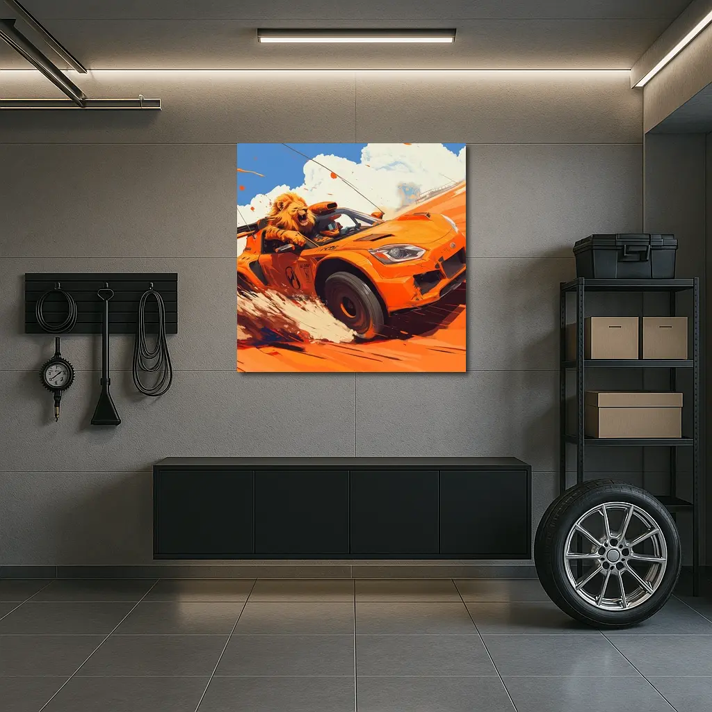 Lion Driving Orange Sports Car Racing – Wall Art