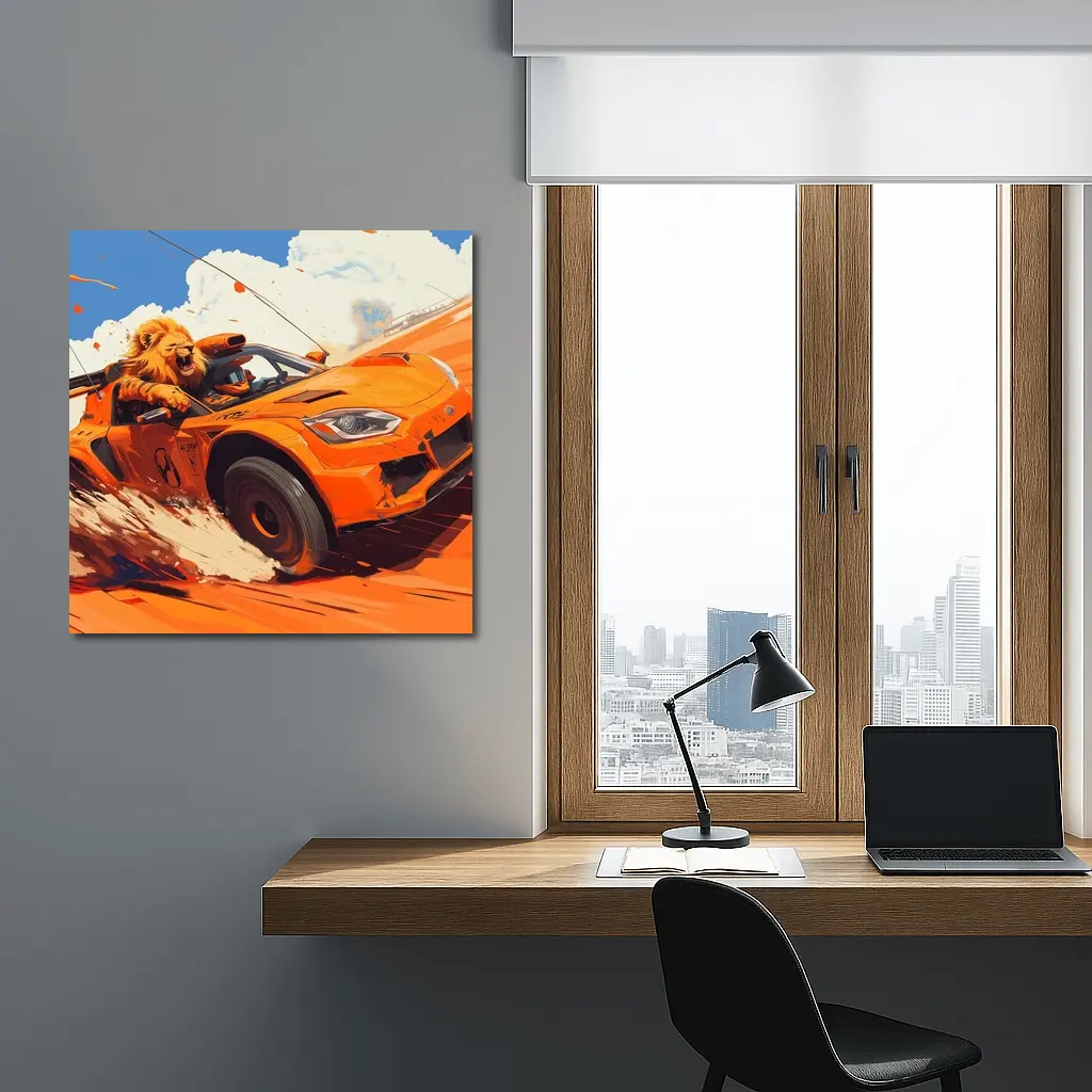 Lion Driving Orange Sports Car Racing – Wall Art