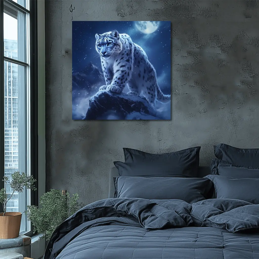Snow Leopard On Rock Moonlit Night – Wall Art