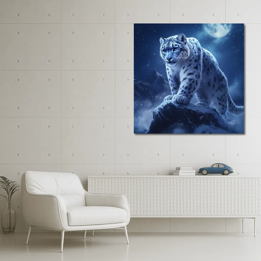 Snow Leopard On Rock Moonlit Night – Wall Art