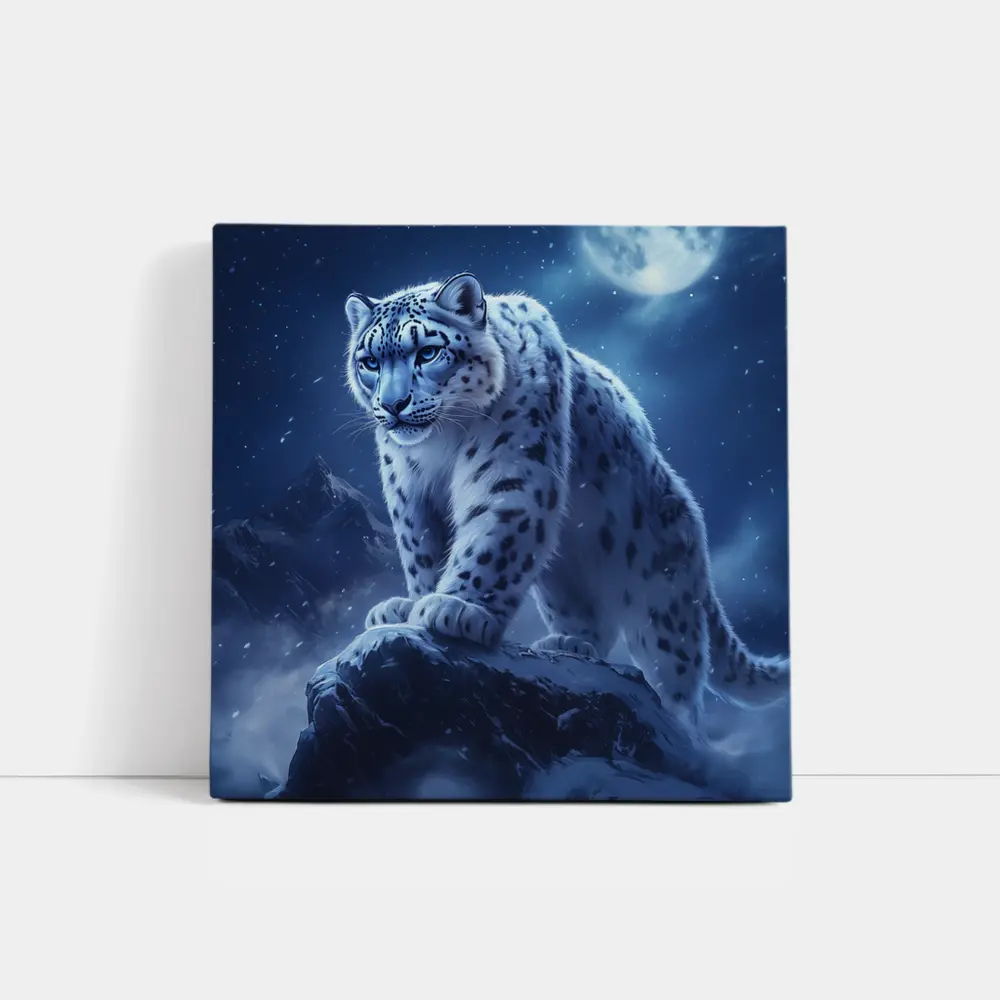 Snow Leopard On Rock Moonlit Night – Wall Art