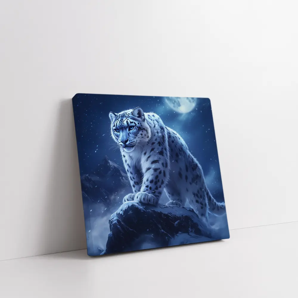 Snow Leopard On Rock Moonlit Night – Wall Art