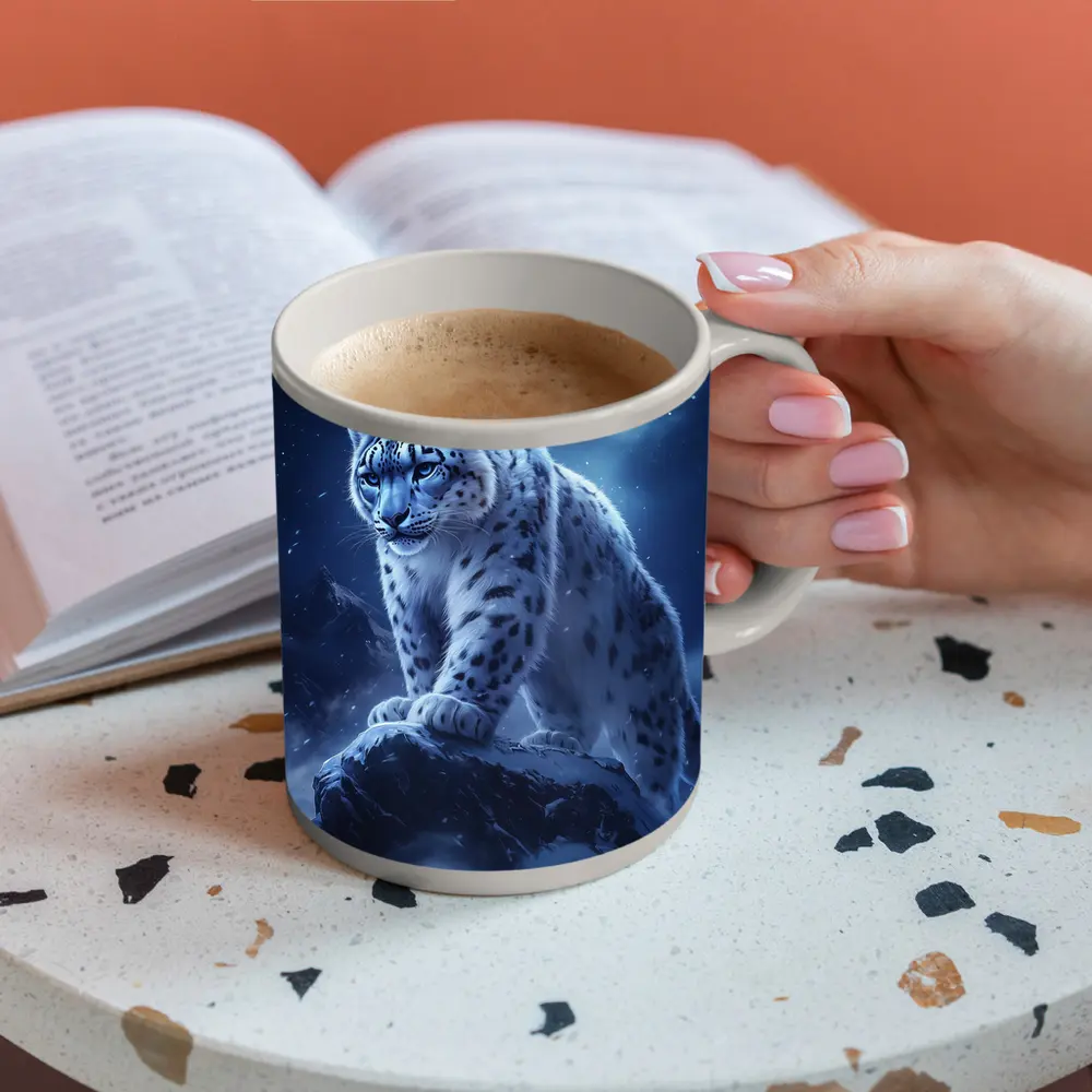 Snow Leopard On Rock Moonlit Night – Mugs
