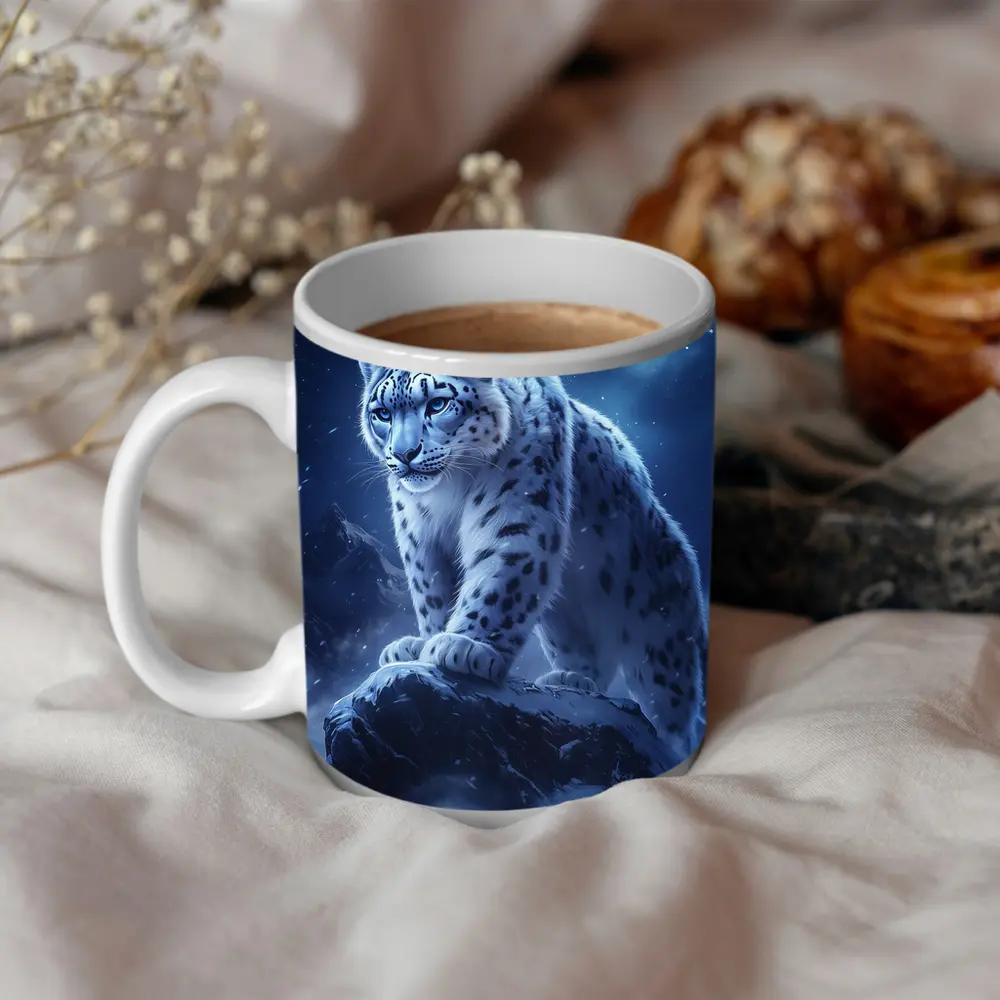 Snow Leopard On Rock Moonlit Night – Mugs
