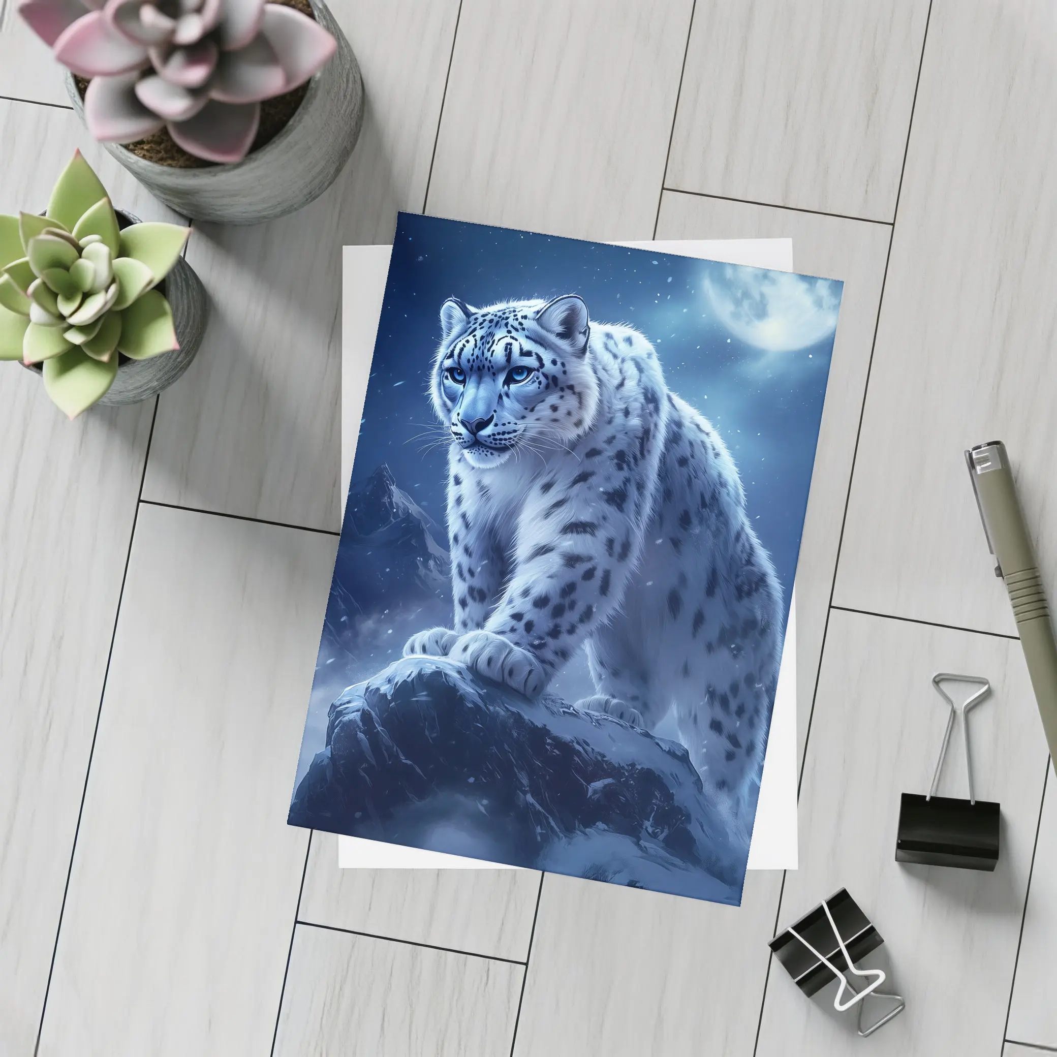 Snow Leopard On Rock Moonlit Night – Postcards