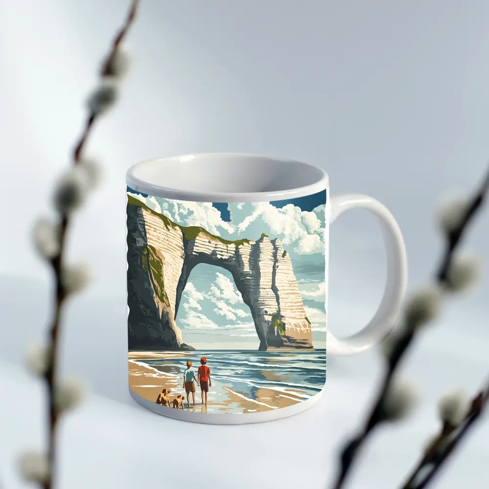 Etretat Cliffs Beach Walk Retro Travel Art – Mugs