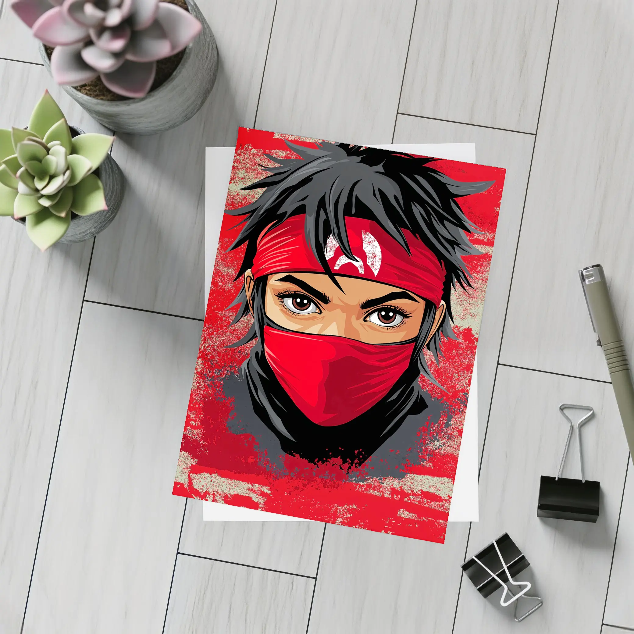Red Ninja Warrior Anime Art Bold Background – Postcards