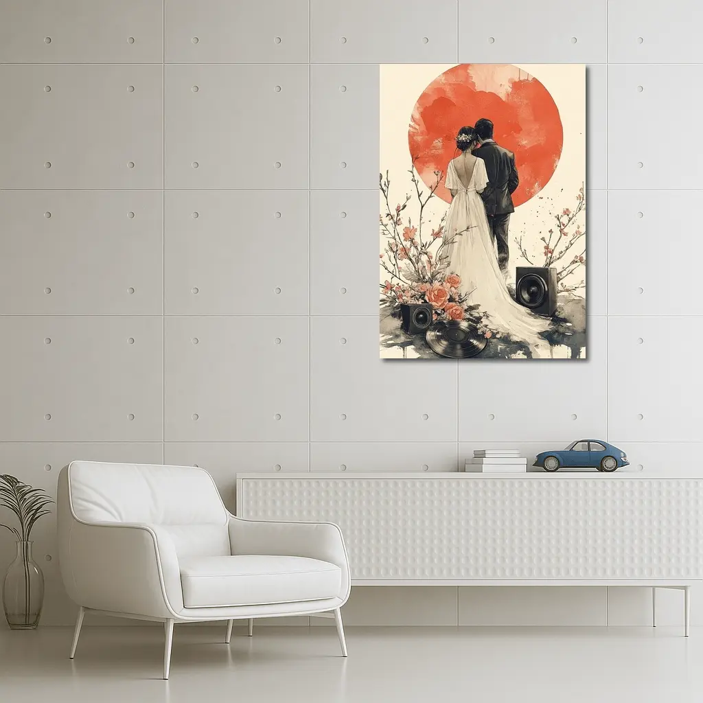 Wedding Couple Cherry Blossoms Red Circle Art – Wall Art