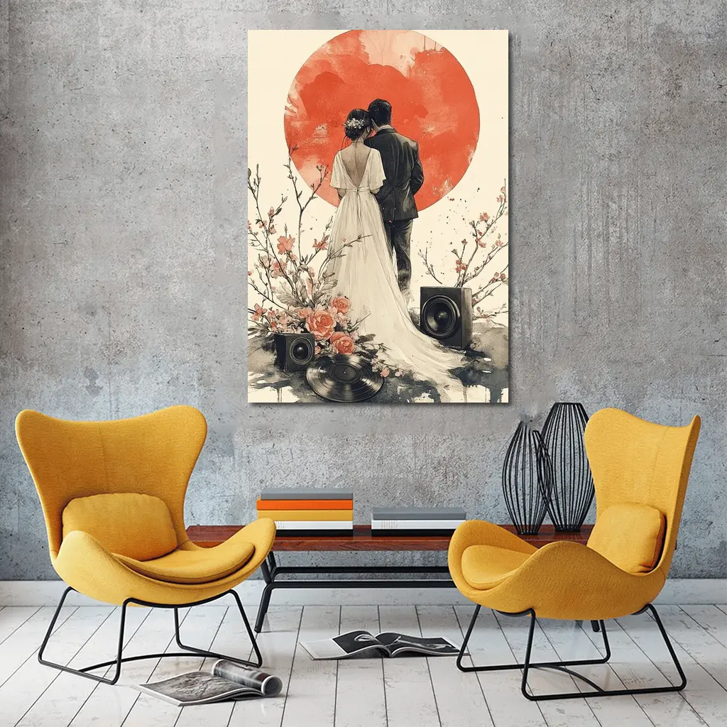 Wedding Couple Cherry Blossoms Red Circle Art – Wall Art
