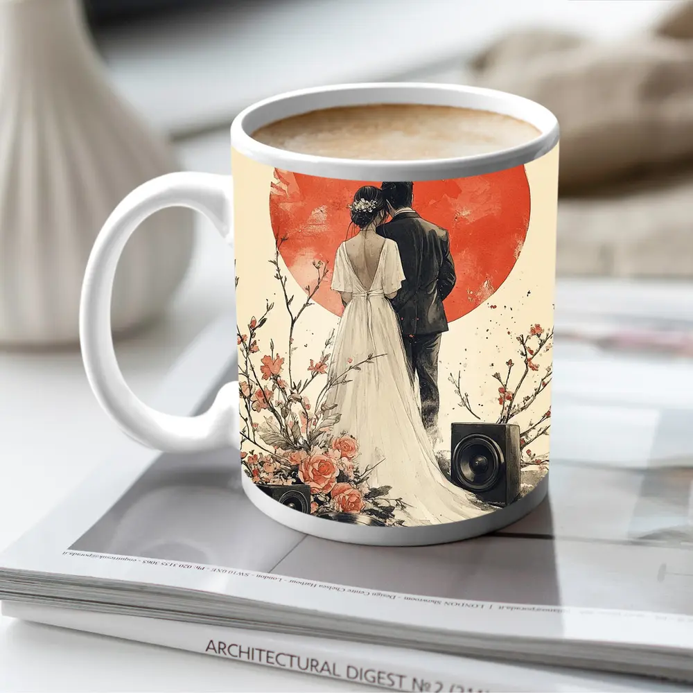 Wedding Couple Cherry Blossoms Red Circle Art – Mugs