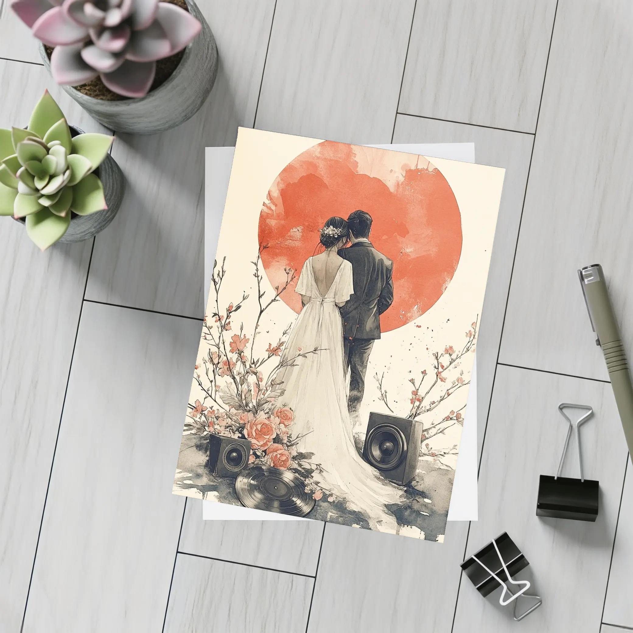 Wedding Couple Cherry Blossoms Red Circle Art – Postcards