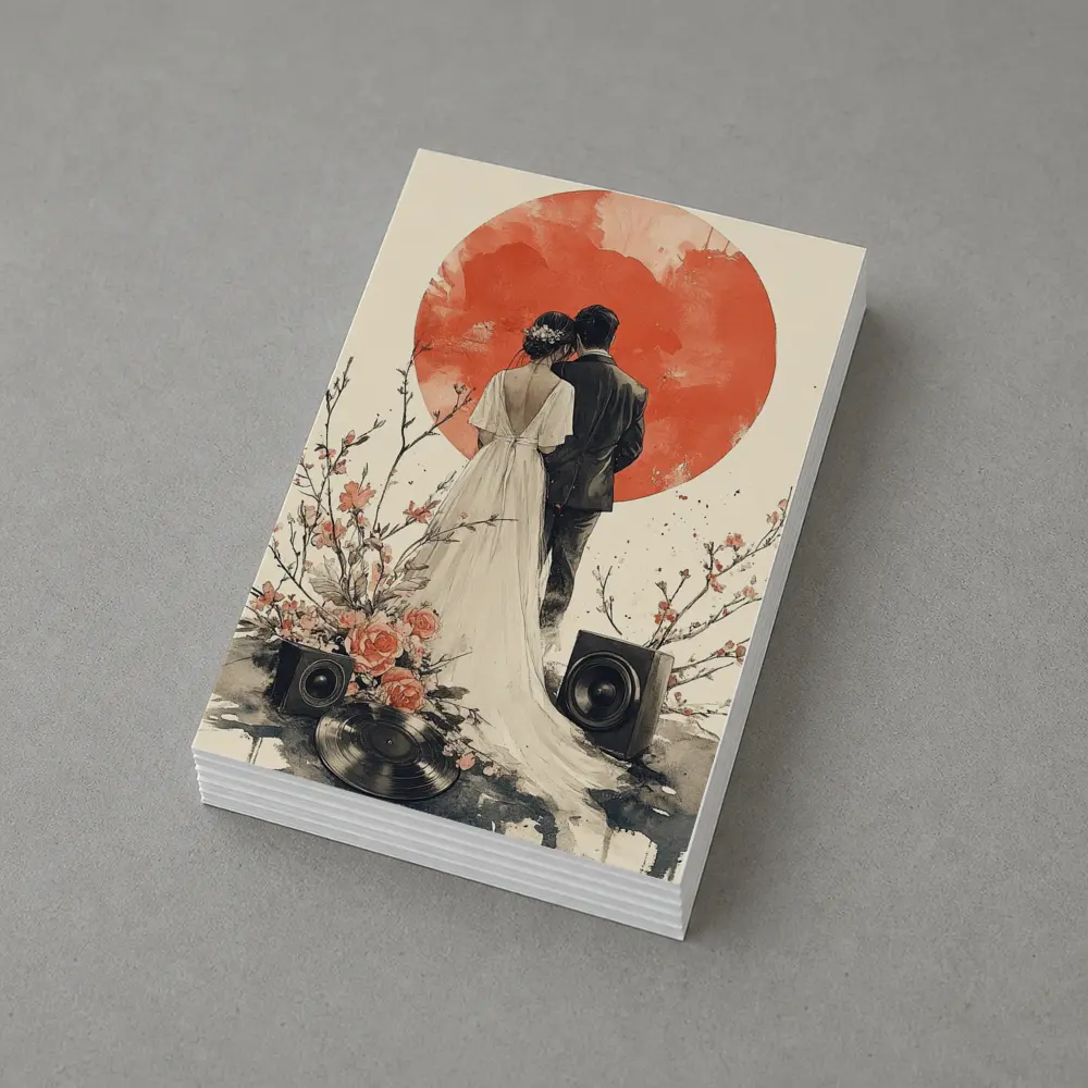 Wedding Couple Cherry Blossoms Red Circle Art – Postcards