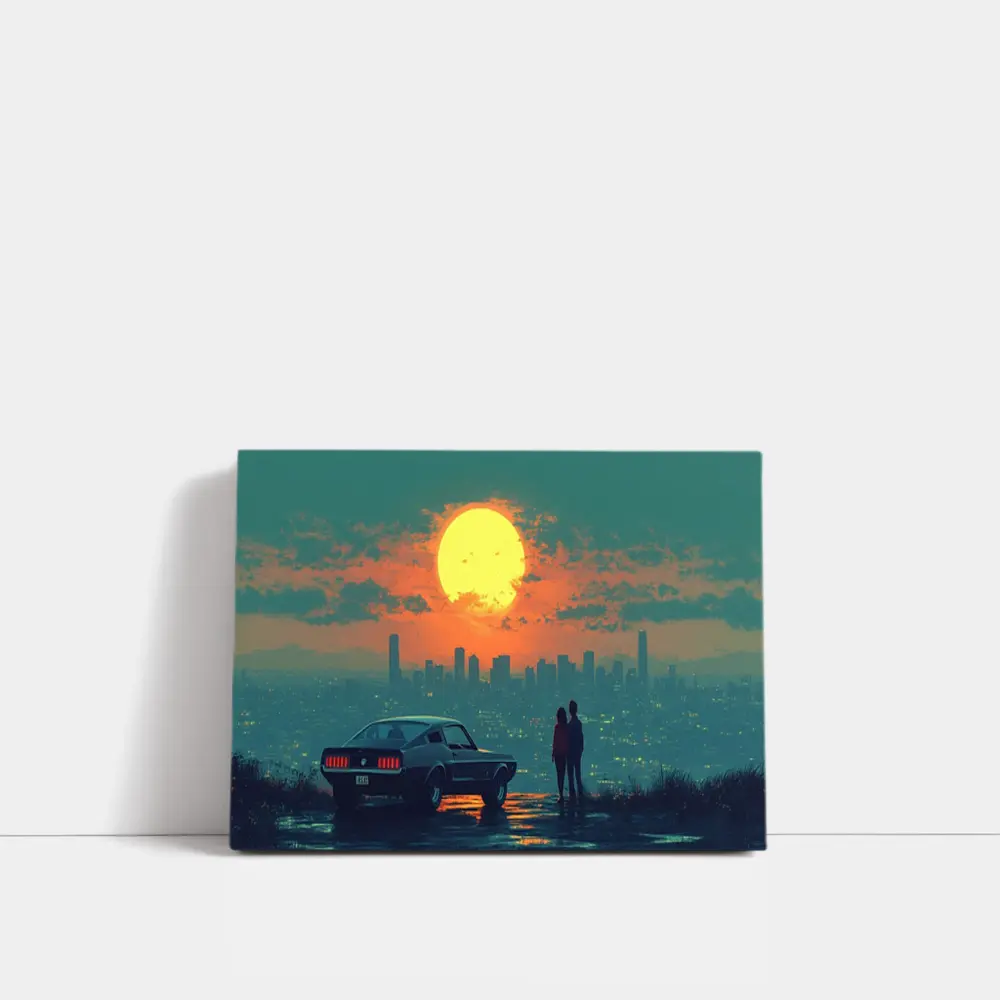 Ford Mustang Couple City Sunset Retro Art – Wall Art