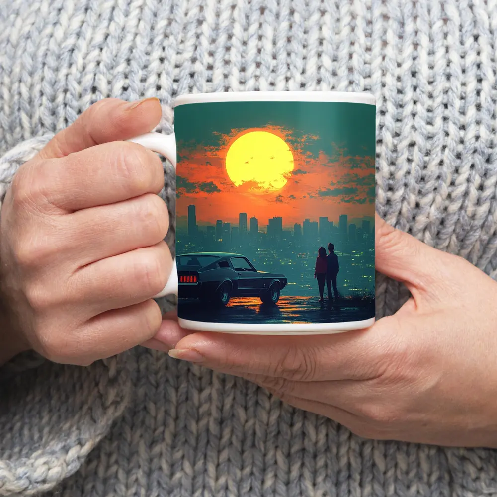 Ford Mustang Couple City Sunset Retro Art – Mugs