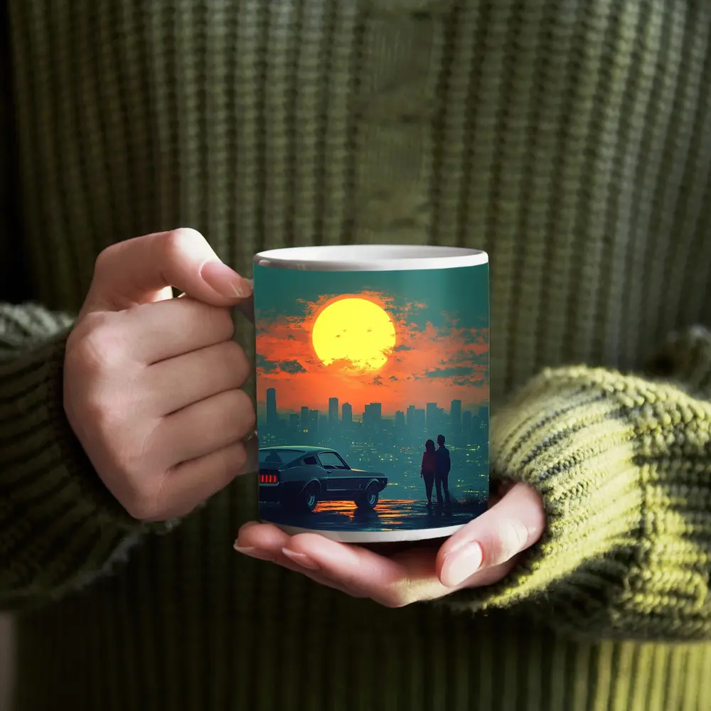 Ford Mustang Couple City Sunset Retro Art – Mugs
