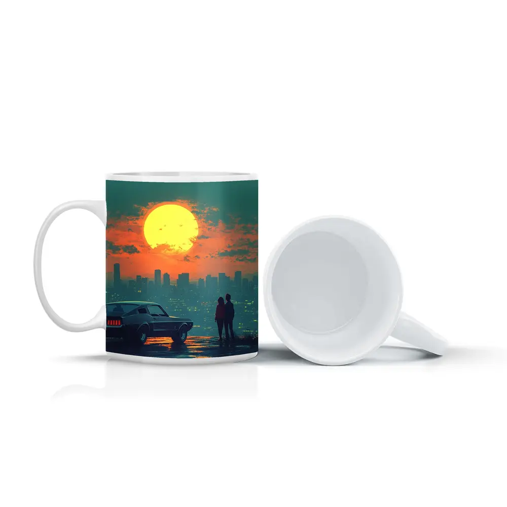 Ford Mustang Couple City Sunset Retro Art – Mugs