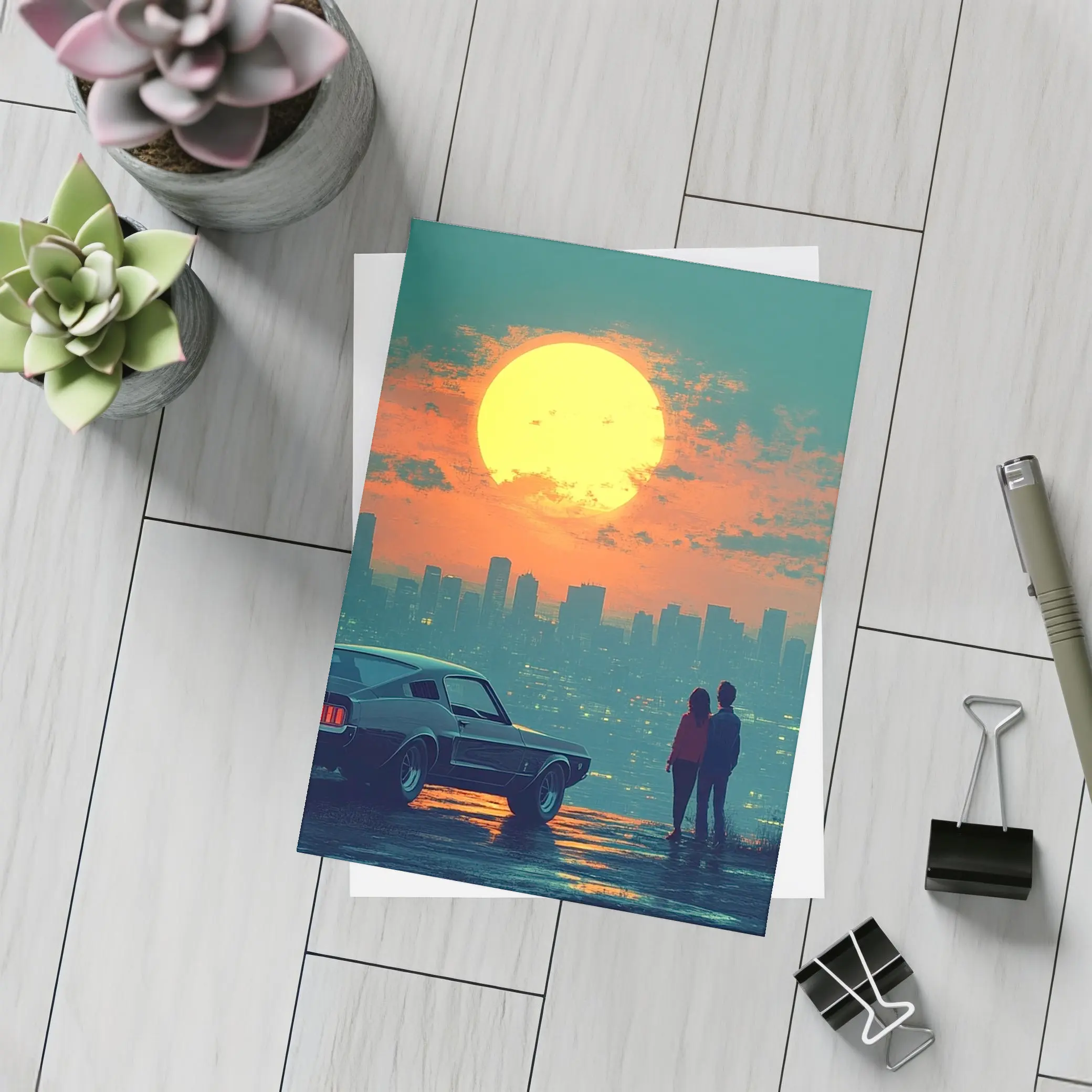 Ford Mustang Couple City Sunset Retro Art – Postcards