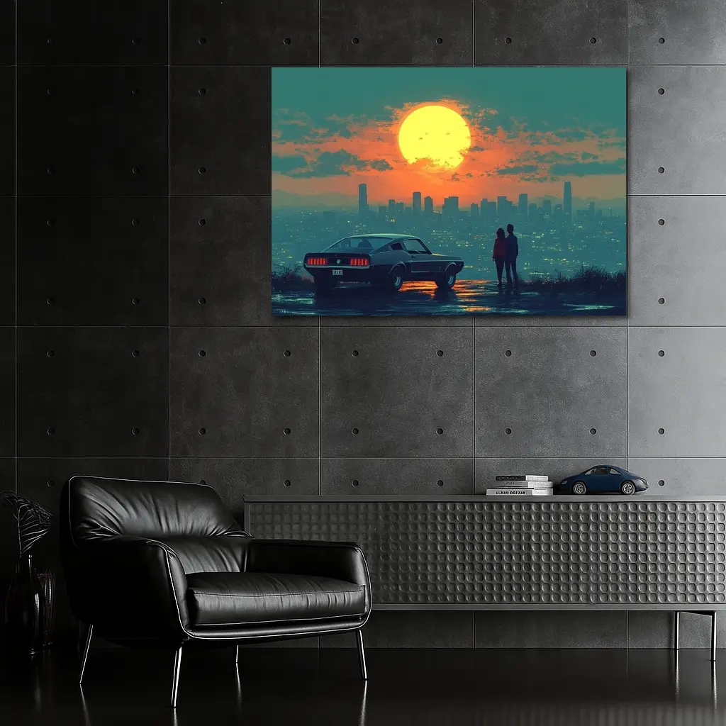 Ford Mustang Couple City Sunset Retro Art – Wall Art
