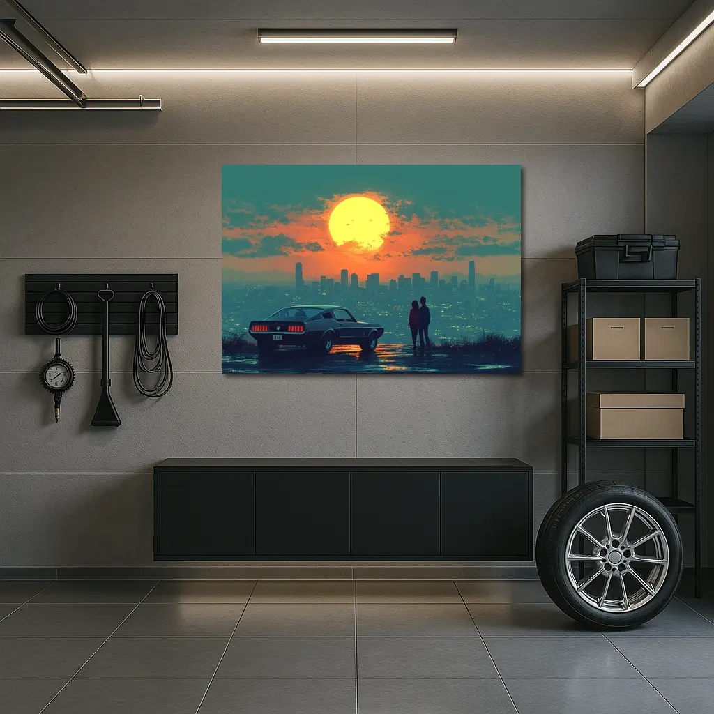 Ford Mustang Couple City Sunset Retro Art – Wall Art