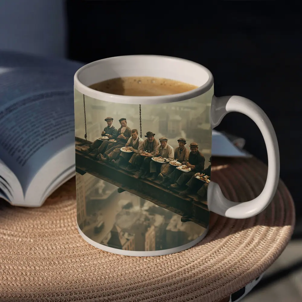 Workers Eating Lunch On Steel Beam Cityscape – Mugs