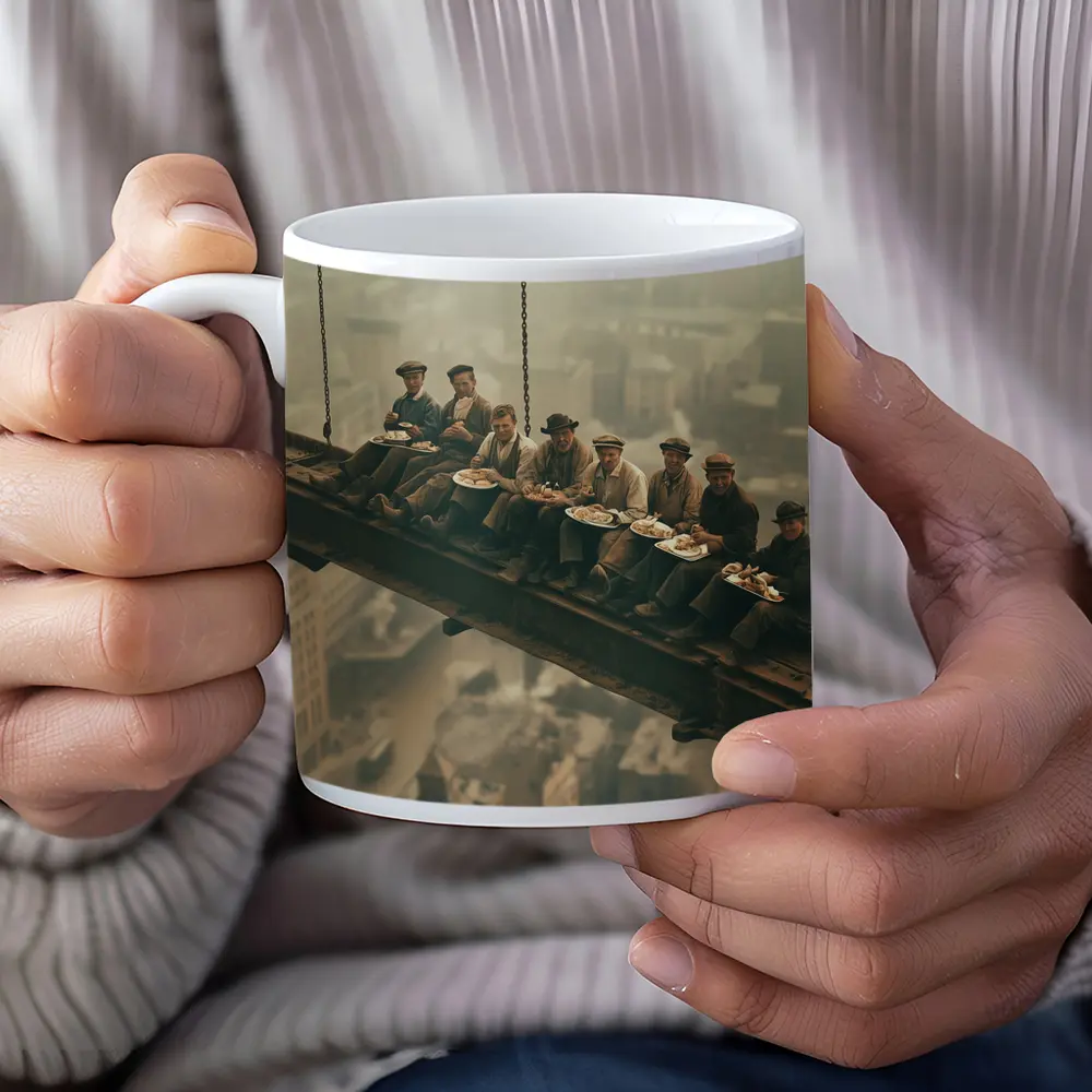 Workers Eating Lunch On Steel Beam Cityscape – Mugs