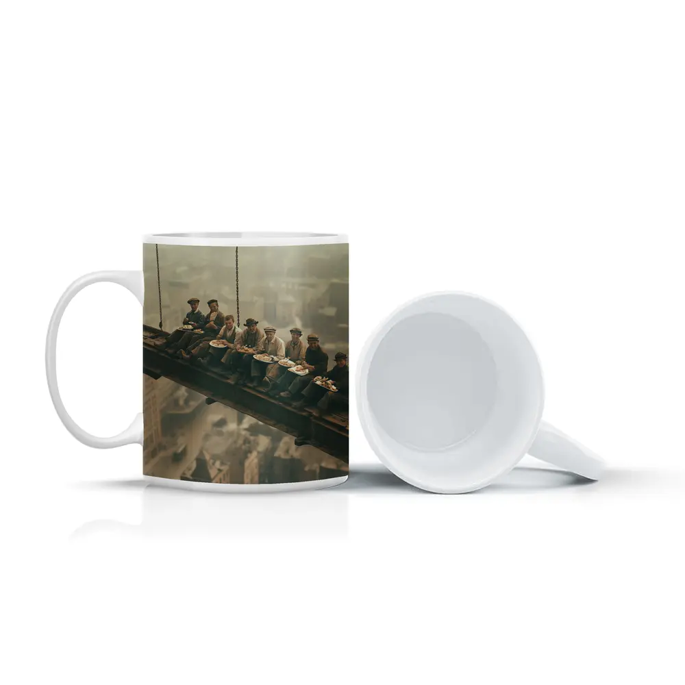Workers Eating Lunch On Steel Beam Cityscape – Mugs