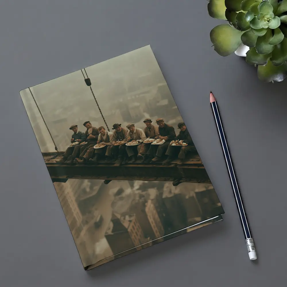 Workers Eating Lunch On Steel Beam Cityscape – Notebooks