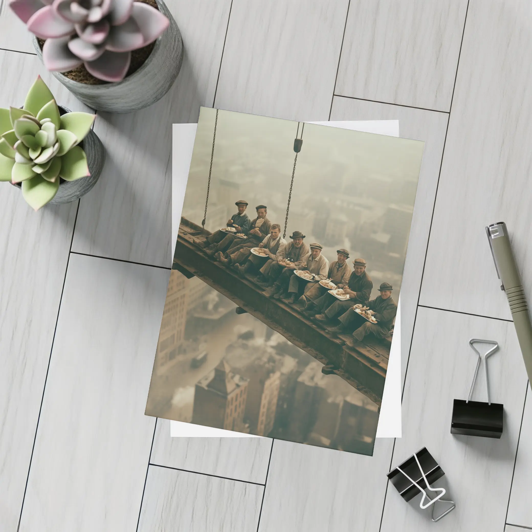 Workers Eating Lunch On Steel Beam Cityscape – Postcards