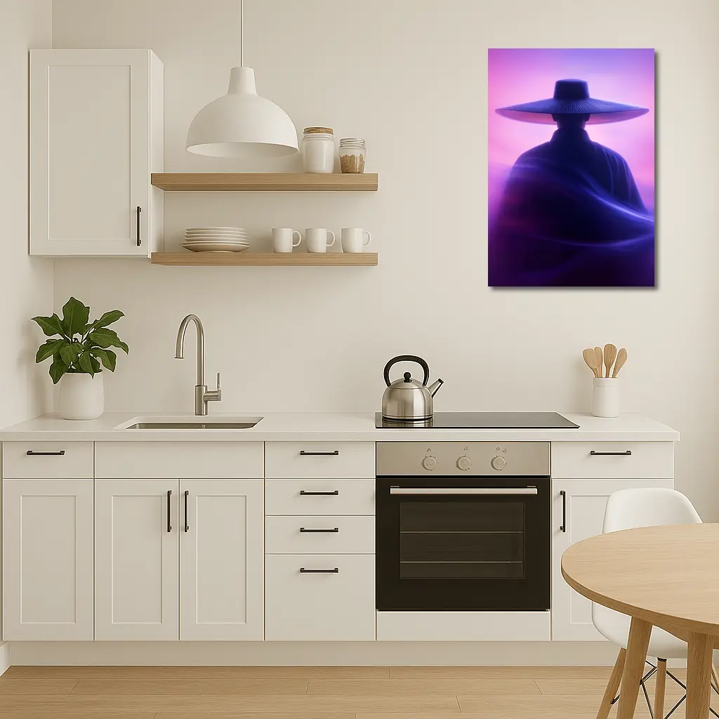 Samurai Figure Purple Neon Mist Background – Wall Art