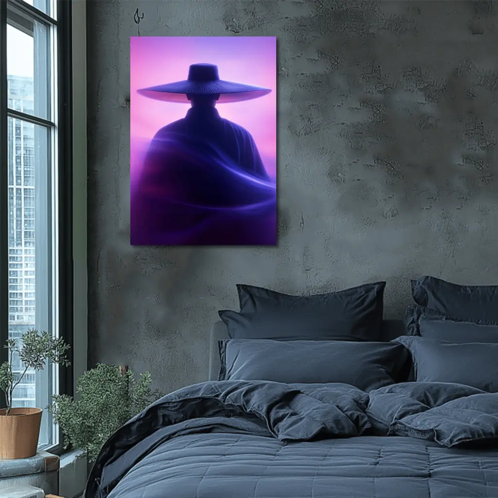 Samurai Figure Purple Neon Mist Background – Wall Art