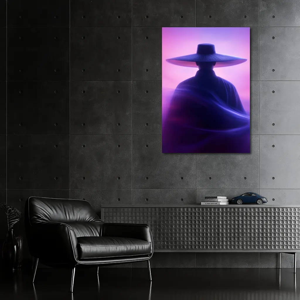 Samurai Figure Purple Neon Mist Background – Wall Art