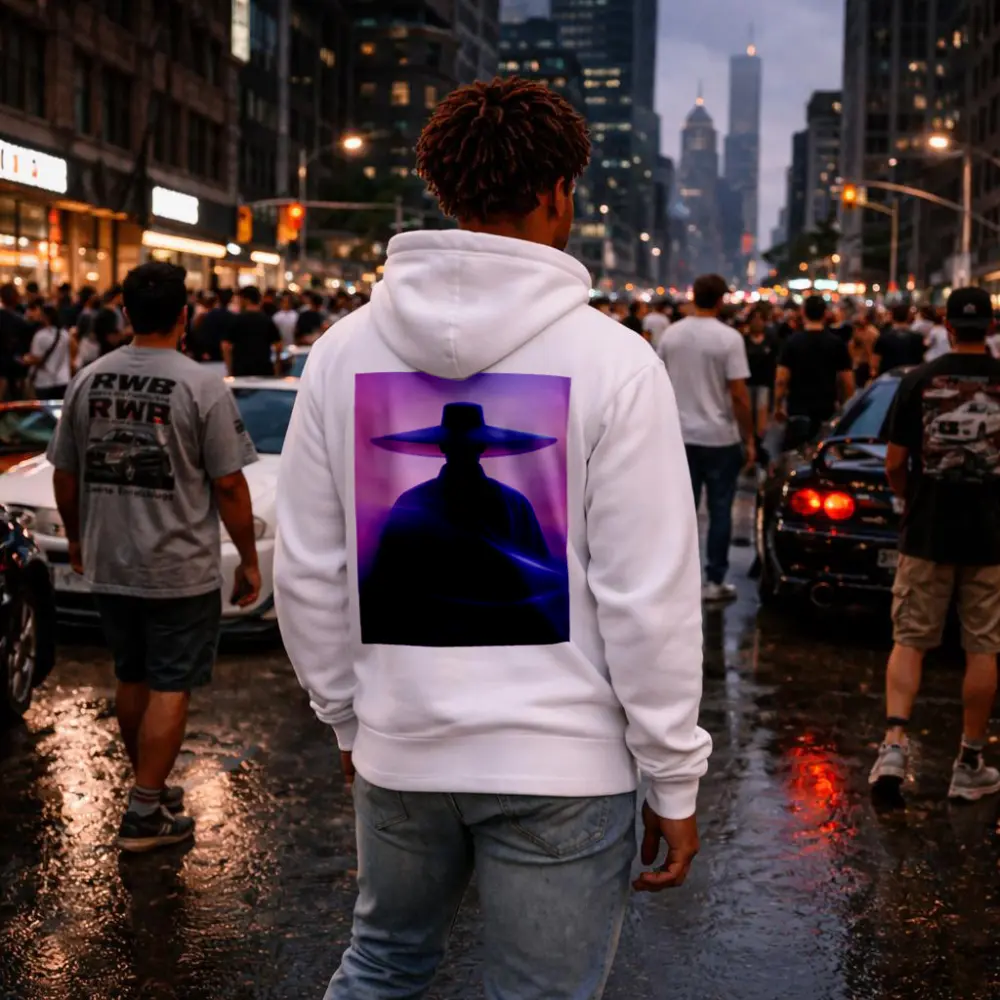 Samurai Figure Purple Neon Mist Background – Hoodies