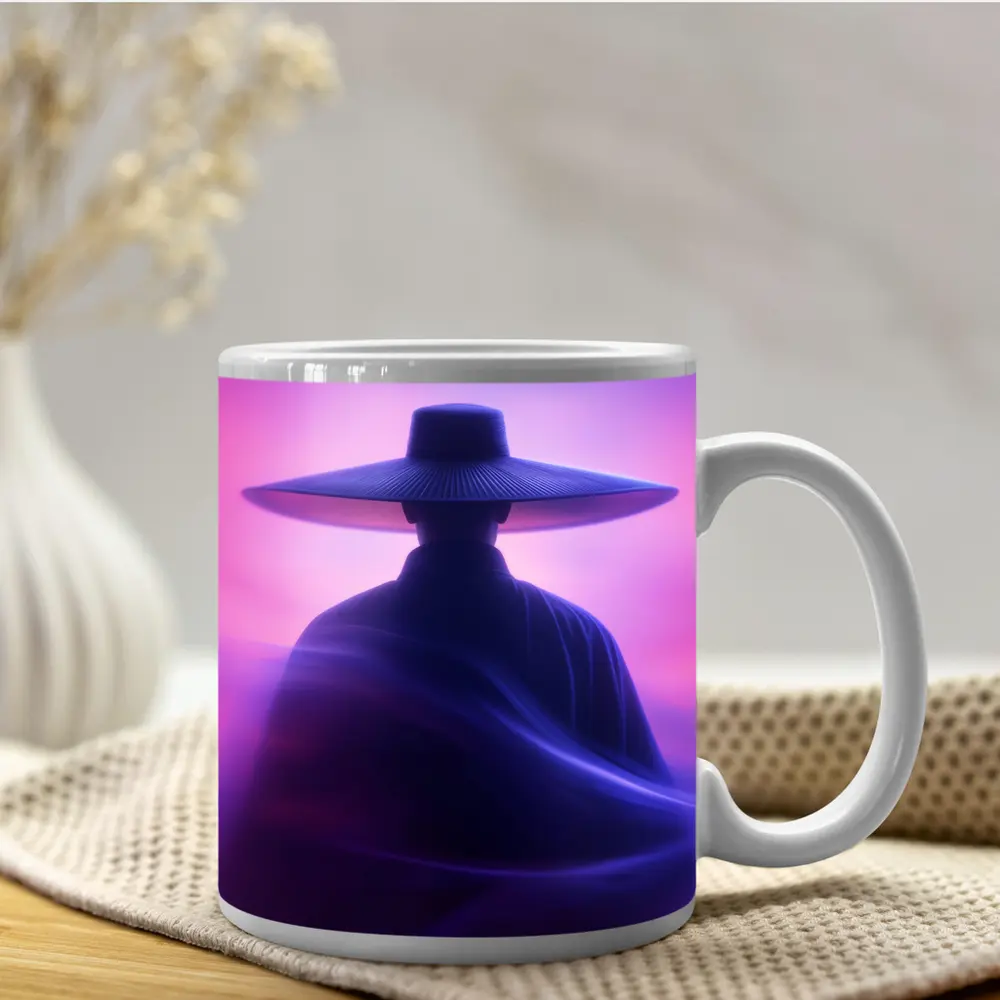 Samurai Figure Purple Neon Mist Background – Mugs