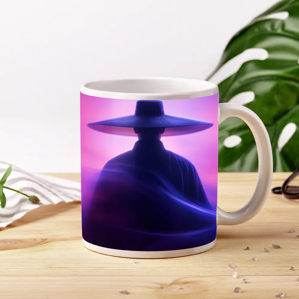 Samurai Figure Purple Neon Mist Background – Mugs