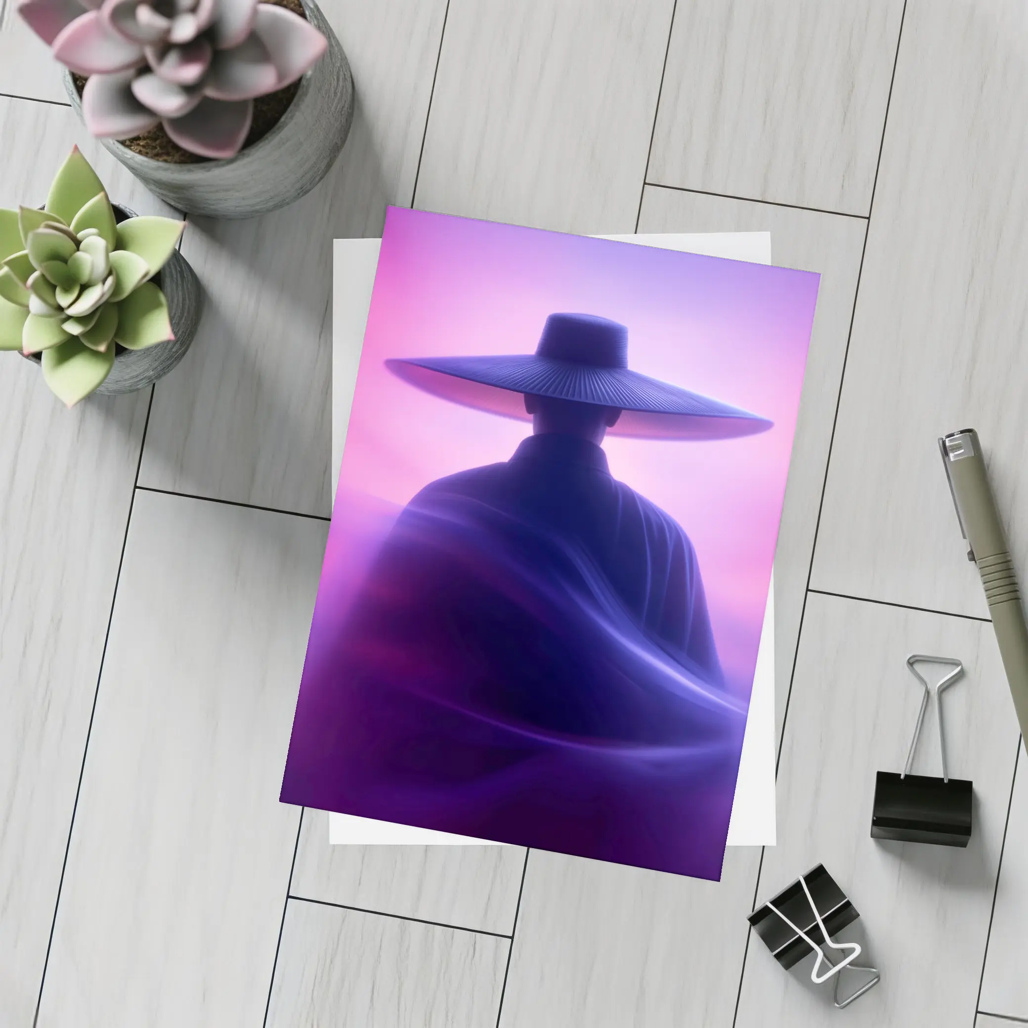 Samurai Figure Purple Neon Mist Background – Postcards