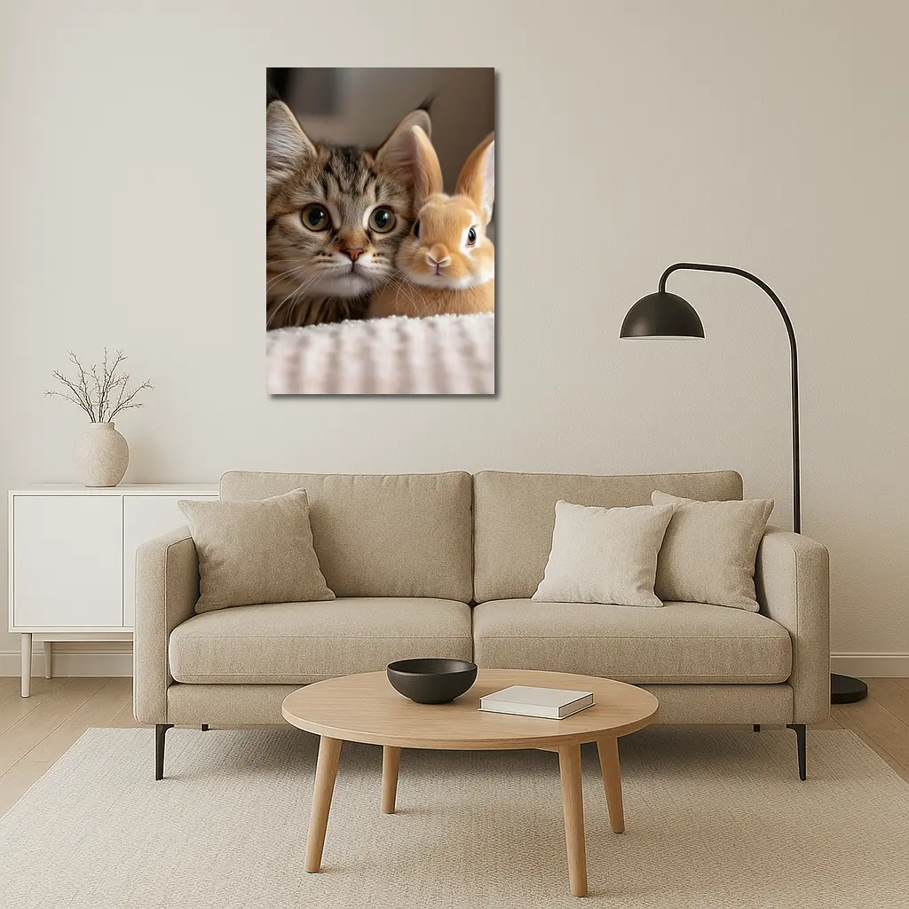 Tabby Cat And Rabbit On White Blanket – Wall Art