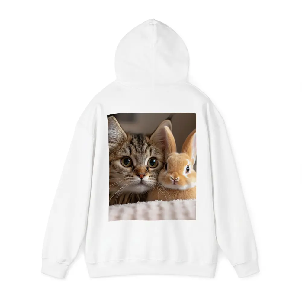 Tabby Cat And Rabbit On White Blanket – Hoodies
